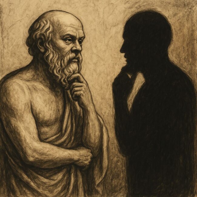 lustración conceptual de Sócrates mirando su propia sombra, metáfora de la identidad personal y los espejismos del yo.