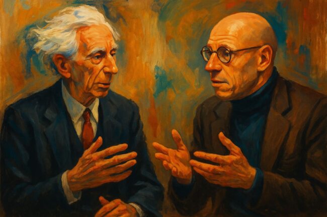 Imagen conceptual sobre el rol de la filosofía hoy Bertrand Russel y Michel Foucault