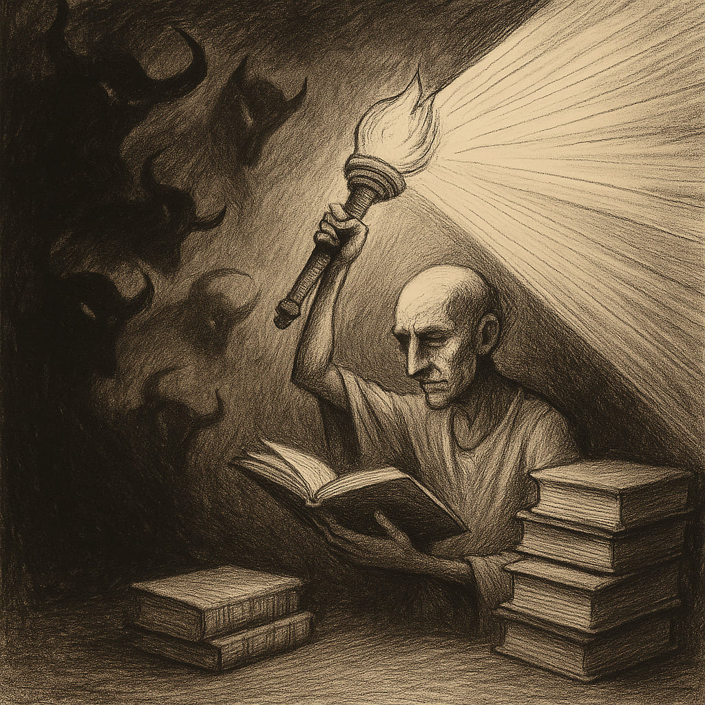 oscurantismo: Ilustración en lápiz grafito de hombre leyendo