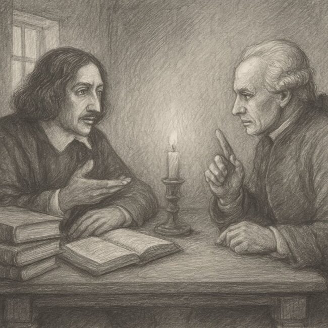 Ilustración en lápiz grafito de dos filósofos anónimos dialogando en una mesa con libros y una vela encendida, representando la búsqueda del equilibrio entre razón y contemplación.